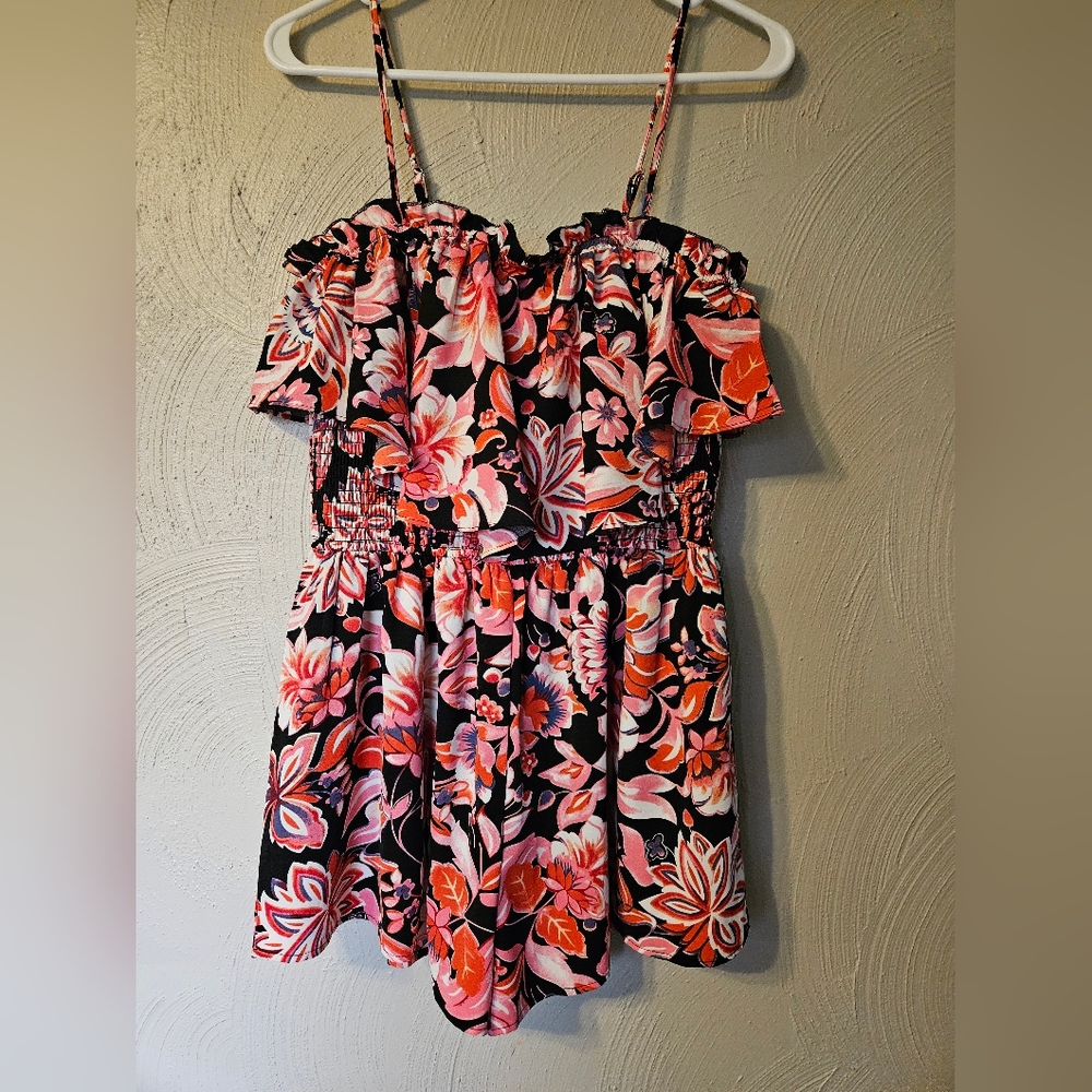Lulus Floral Spaghetti Strap Off The Shoulder Stretch Lined Romper Shorts Medium